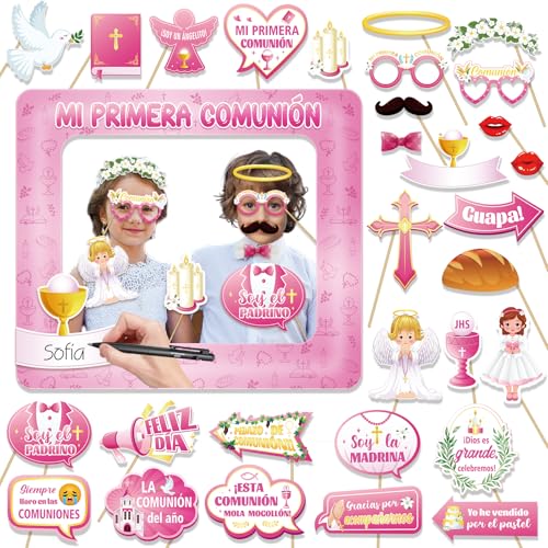 DPKOW Rosa Photocall Comunión Niña 30pcs Accesorios Photocall Comunión Foto Props + Marco de...