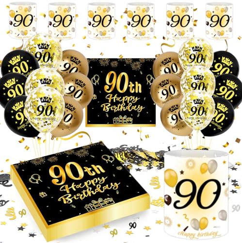 90 Cumpleaños Mujer Hombre Adornos, 90th Happy Birthday Decoracion Negros Dorados Globos Servilleta...