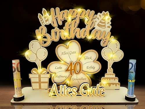 Regalo de dinero para 40 cumpleaños para hombres y mujeres, trébol en 3D, felicidad, feliz...