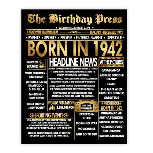 Stuff4 Póster dorado de cumpleaños número 83 sin marco, periódico dorado nacido en 1942, feliz...