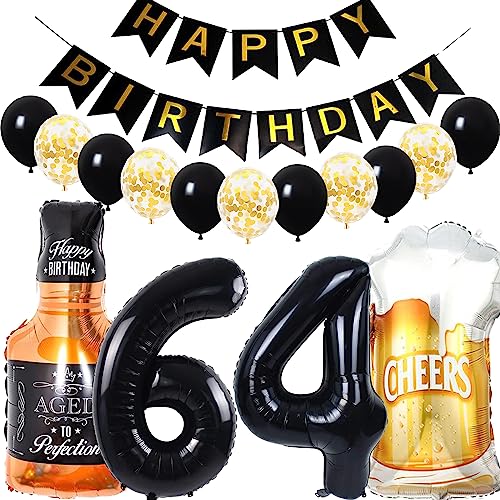 Conruich Decoración de Cumpleaños de 64 años Hombre Mujer, Globo de Foil Whisky Cerveza Vaso...