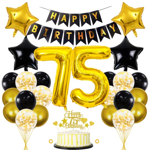 Jxuzh 75. Decoraciones de cumpleaños, color negro y dorado, decoración de 75 cumpleaños, para...