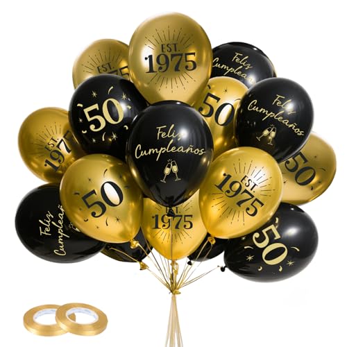 24pcs Globos 50 Años Español 1975-2025 Feliz Cumpleaños Photocall Oro Negro para Decoración...