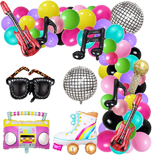 Paquete de decoraciones de fiesta de los años 80 y 90, 139 globos de aluminio de discoteca 4D retro para teléfono celular, guitarra, micrófono, discoteca, fiebre, decoración de fiesta de cumpleaños
