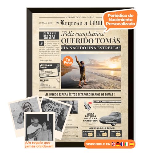 Periódico de cumpleaños 1990 – póster personalizado año nacimiento con foto, nombre y mensaje...