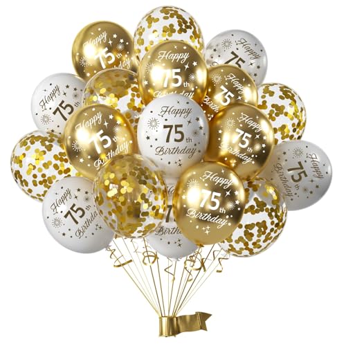 15pcs Años Decoracion Aniversario Cumpleaños,Blanco y Dorado Fiesta 75Años Confetis Látex Globos...