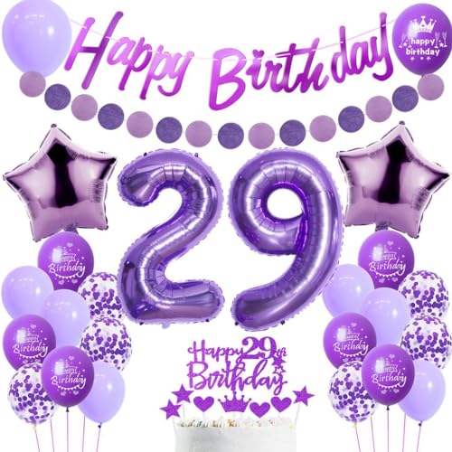 Decoracion Cumpleaños 29 Años Mujer, Topper Tarta 29 Años Cumpleaños Morado, Decoracion Fiesta...
