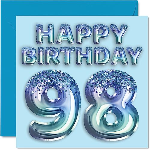 Tarjeta de cumpleaños 98 para hombres, globo de fiesta con purpurina azul, tarjetas de feliz cumpleaños para hombre de 98 años, gran abuelo, abuelo, papá, abuelo, abuelo, 145 mm x 145 mm, noventa y