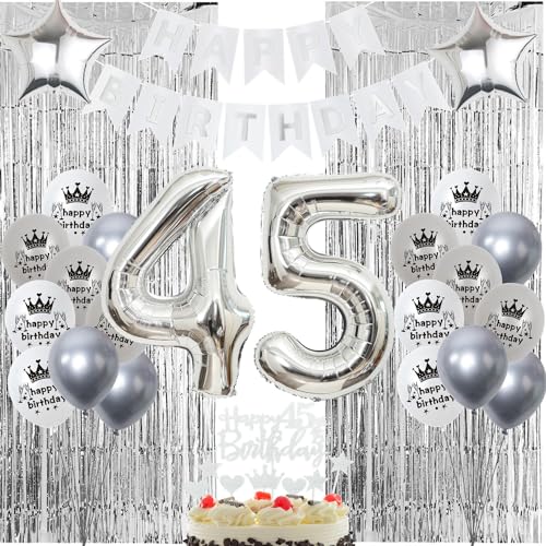 Globos cumpleaños 45 plata, globo 45 cumpleaños hombre mujer, decoración cumpleaños 45 plata...