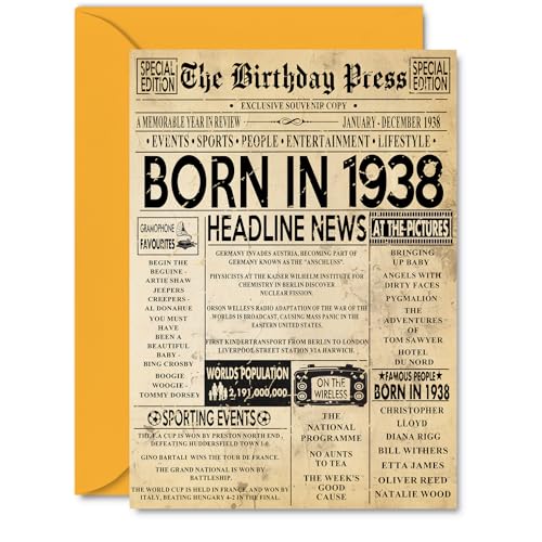 Tarjeta de cumpleaños número 87 para hombres y mujeres – Bday Press Newspaper 1938 – Tarjetas...