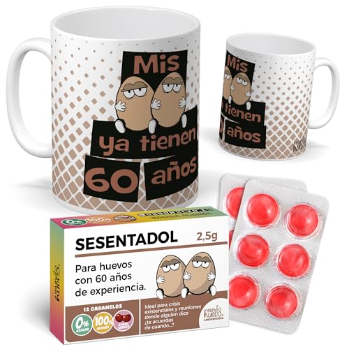 mundohuevo Pack Regalo 60 Cumpleaños Original | Taza Divertida “Mis Huevos ya Tienen 60 Años”...