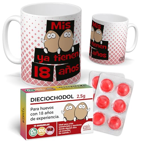 mundohuevo Pack Regalo 18 Años Original - Taza Divertida “Mis Huevos ya Tienen 18 Años” +...