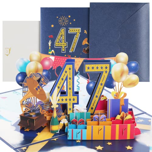 Tarjeta de cumpleaños de 47 cumpleaños con sobre, tarjeta 3D desplegable para 47 cumpleaños, tarjeta de felicitación de cumpleaños para niñas, chicos, amigos, romance, tarjeta de regalo
