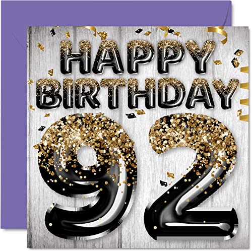 Tarjeta de cumpleaños 92 para hombres, globos negros y dorados con purpurina, tarjetas de feliz...