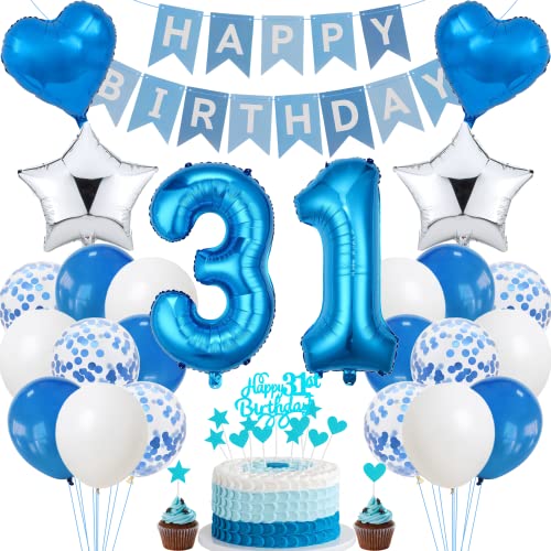 Jrzyhi Decoración de Cumpleaños para 31 Años, Color Azul, para Tartas, Hombres y Mujeres