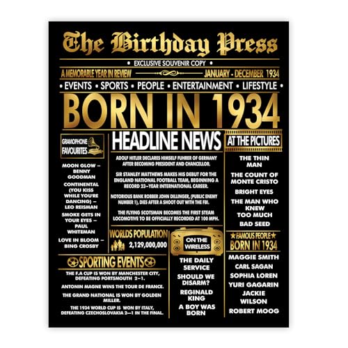 Stuff4 Póster dorado de 91 cumpleaños sin marco, periódico dorado nacido en 1934, feliz...