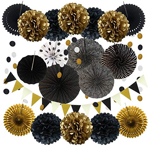 ZERODECO - Decoración para fiestas (21 piezas, papel negro, pompones, flores, abanico de bolas,...