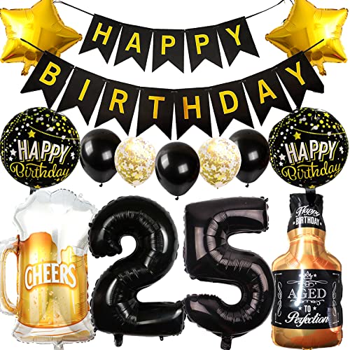 Ouceanwin Decoración Cumpleaños 25 años Hombre Mujer, Globos 25 Cumpleaños Oro Negro, Foil...