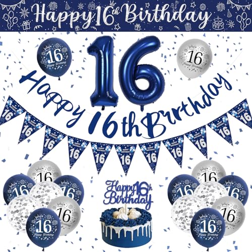Decoración Cumpleaños 16 Años, Globos Cumpleaños 16 Años, Globos Azules y Plateados, Globos 16...
