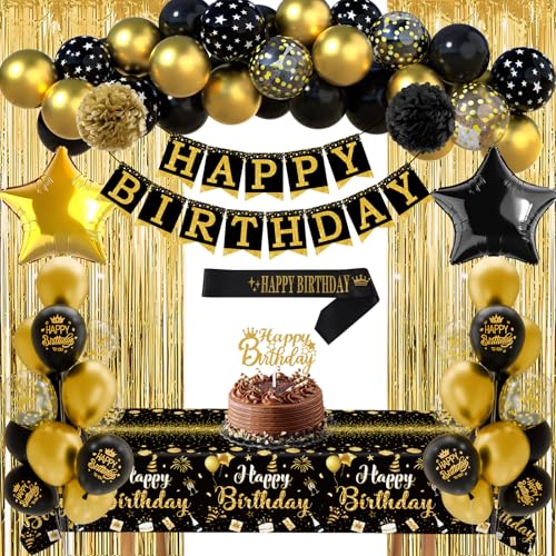 Decoracion Cumpleaños Feliz con Globos de Cumpleaños Oro Negro, Pancarta Happy Birthday, Manteles...
