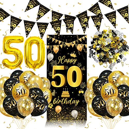 Globos 50 Años Oro Negro con Globos de Cumpleaños 50 Años, Decoración Feliz para Hombre