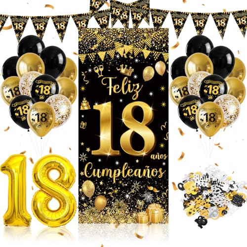 18 Decoración Cumpleaños Chica Chicos,Globos Cumpleaños Feliz Decoracion,Pancarta Feliz 18 Negro...