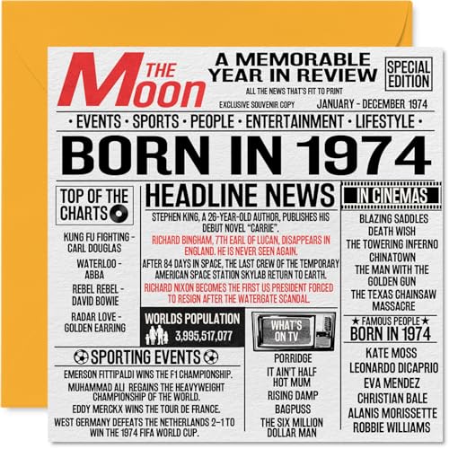 Stuff4 Tarjetas de 50 cumpleaños para hombres y mujeres, periódico nacido en 1974, tarjeta de...