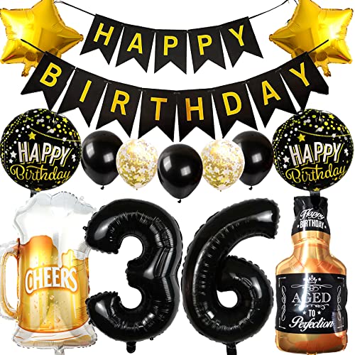 Ouceanwin Decoración Cumpleaños 36 años Hombre Mujer, Globos 36 Cumpleaños Oro Negro, Foil...