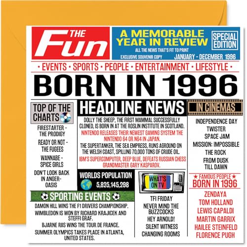 Tarjetas de cumpleaños número 29 para hombres y mujeres, periódico nacido en 1996, tarjeta de...