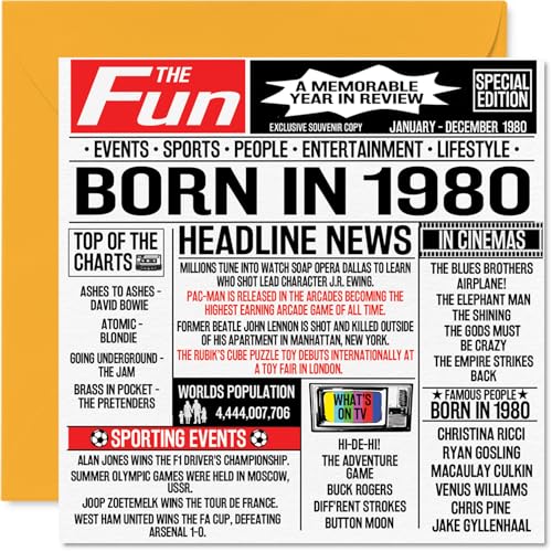 Tarjetas de cumpleaños número 45 para hombres y mujeres – Born In 1980 Newspaper – Tarjeta de...