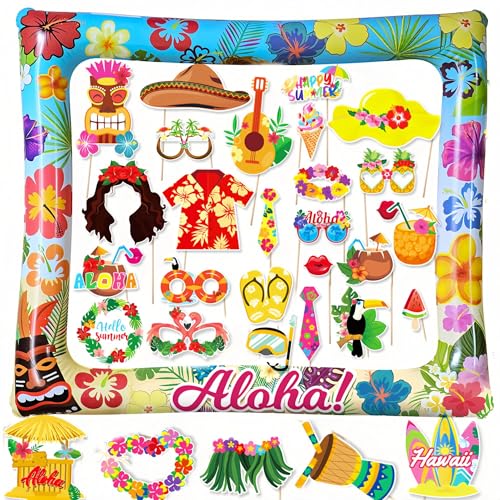 AIBAOBAO 30 Pcs Photocall Hawaiano con Marco de Fotos Inflable Aloha, Foto Prop para Fiestas y...