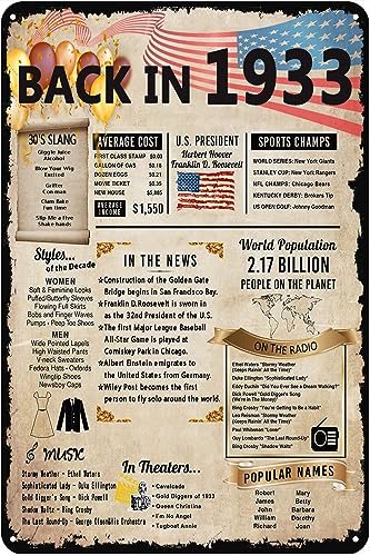 Fancesca Decoración de aniversario de 90 cumpleaños, letrero de 1933 para mujeres y hombres,...