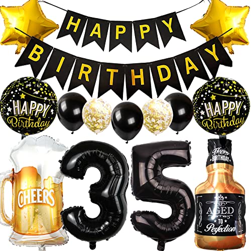 Ouceanwin Decoración Cumpleaños 35 años Hombre Mujer, Globos 35 Cumpleaños Oro Negro, Foil...
