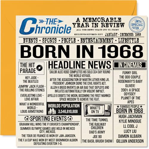 Tarjetas de cumpleaños número 57 para hombres y mujeres – Born In 1968 Newspaper – Tarjeta de...
