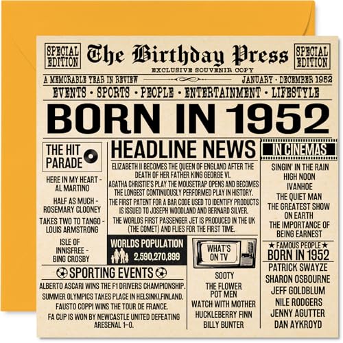 Tarjetas de cumpleaños número 73 para hombres y mujeres – Born In 1952 Newspaper – Tarjeta de...