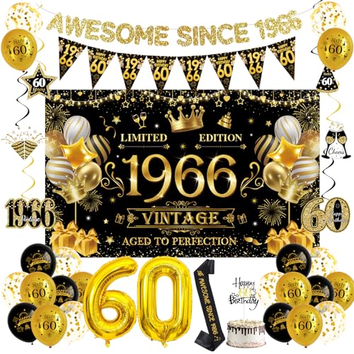 yosiio 60 cumpleaños decoración hombres mujeres negro oro 60 cumpleaños decoración vintage 1966...