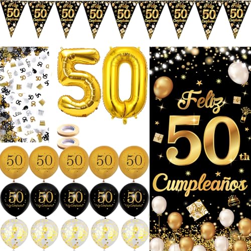 Decoración para Fiesta de Cumpleaños 50 Años - Pancarta Feliz 50th Cumpleaños, Photocall y...