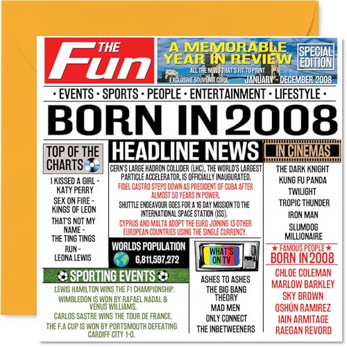 Stuff4 Tarjetas de cumpleaños número 16 para niños y niñas – Born In 2008 Newspaper –...