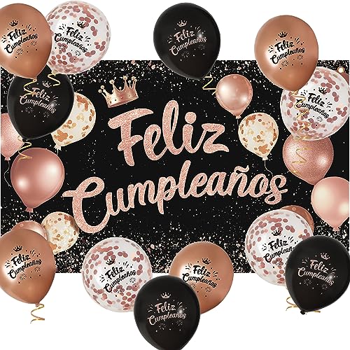 Decoración Cumpleaños Mujer Pancarta Feliz Cumpleaños Español Oro Rosa + 12pcs Globos Cartel Photocall Cumpleaños Fiesta