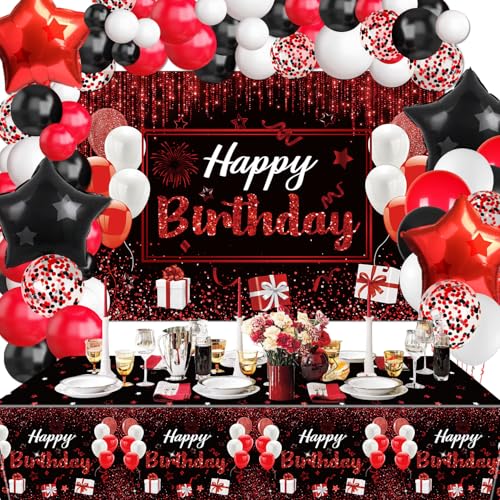 Decoraciones de Fiesta Negro y Rojo - Telón de Fondo de Feliz Cumpleaños, Mantel, 64 Globos para...