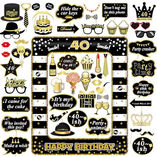 VEGCOO Photocall Feliz 40 Cumpleaños, 53 Piezas Negro y Oro Accesorios Fotocall+ Marco de Fotos...