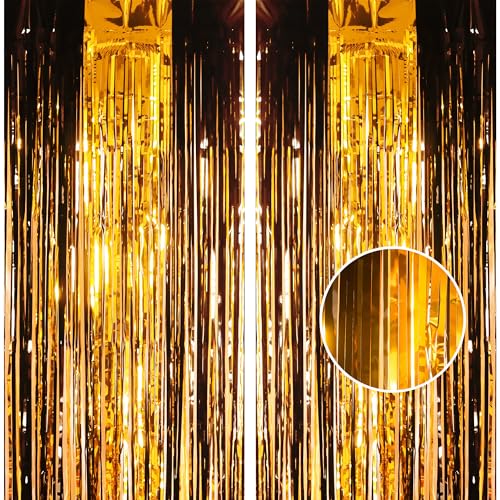 2 cortinas de oropel negro y dorado con purpurina de 3.2 x 8 pies, cortina de flecos para puerta,...