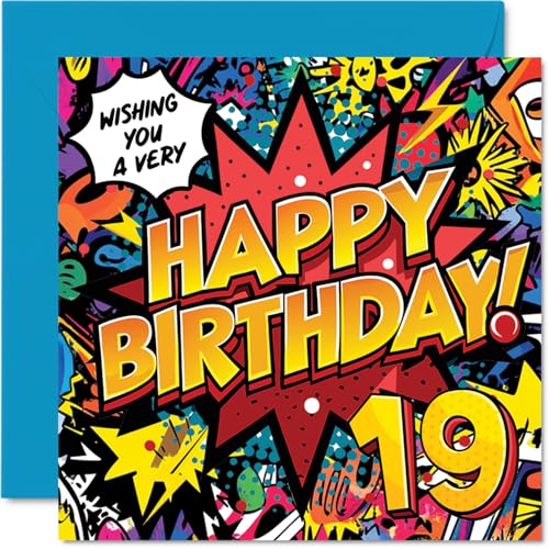Tarjetas de cumpleaños número 19 para hombres y mujeres, diseño de cómic Pow! - Tarjeta de feliz...