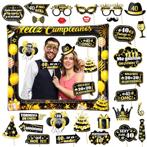 HOWAF Photocall Feliz 40 Cumpleaños Español 28Pcs Accesorios Photocall 40 Cumpleaños Foto Props +...