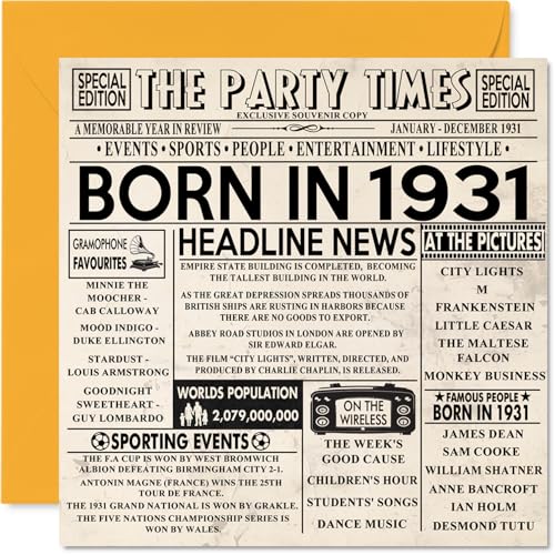 Tarjetas de cumpleaños número 94 para hombres y mujeres – Born In 1931 Newspaper – Tarjeta de...
