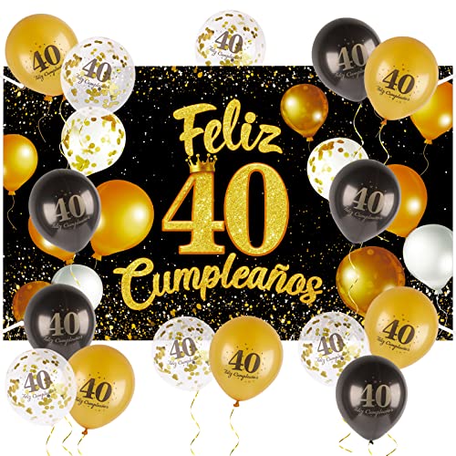 Decoración 40 Cumpleaños Pancarta Grande Feliz 40 Cumpleaños Español + 15pcs Globos Photocall 40...