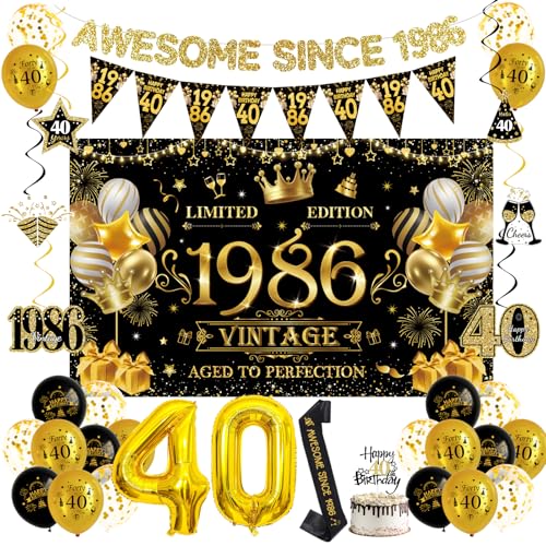 yosiio 40 cumpleaños decoración hombres mujeres negro oro 40 cumpleaños decoración vintage 1986...