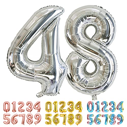 Ponmoo Foil Globo Número 48 84 Plata, Gigante Numeros 0 1 2 3 4 5 6 7 8 9 10-19 20-29 30-39 40-49...