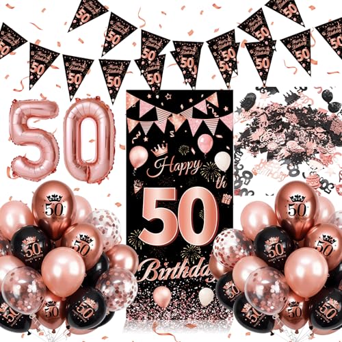 Decoracion 50 Cumpleaños Mujer, 50 Cumpleaños Mujer Oro Rosa Negra, Globos 50 Cumpleaños...