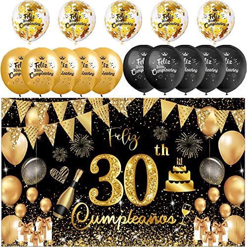 Decoración para Cumpleaños 30 en Español - Pancarta Feliz Cumpleaños, Fondo Cartel, 15 Globos -...